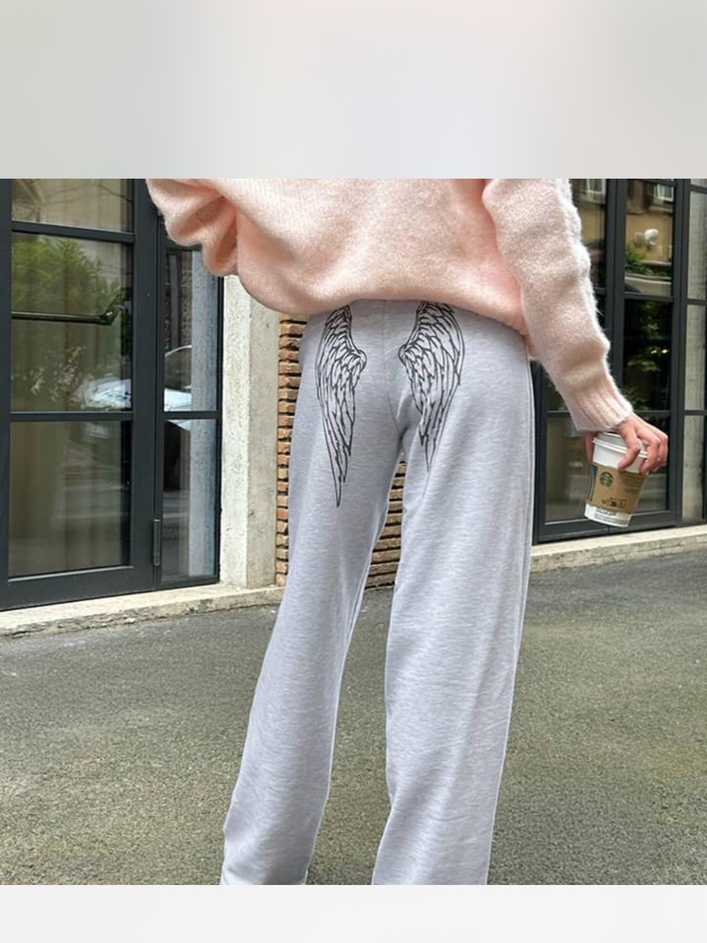 Cozy Light Gray Wide-Leg Lounge Pants with Angel Wing Print